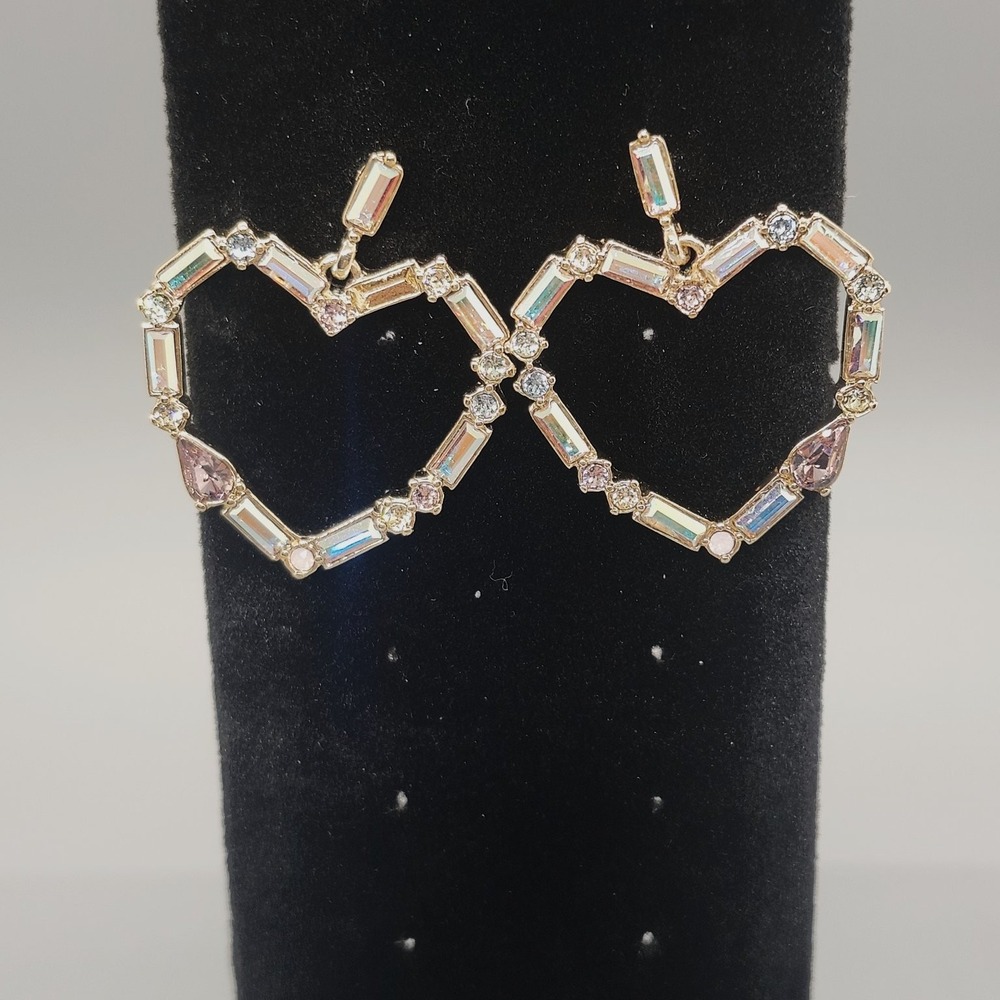 Gold Tone Heart Dangle Earrings 1.75" Rhinestone AB Crystal Fashion Jewelry